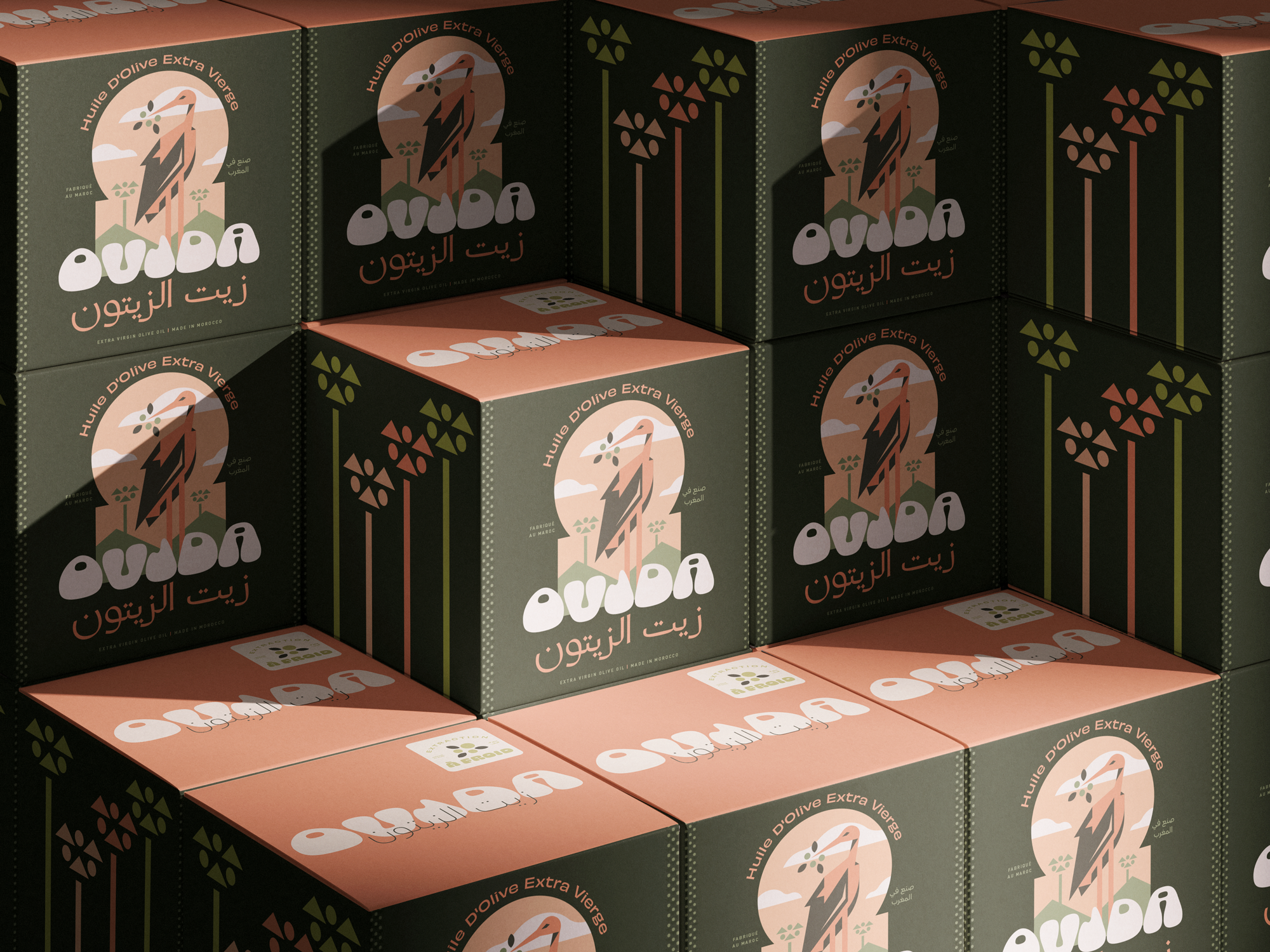 Oujda Olive Oil arabic bird box design branding french graphic design green illustration logo morocco mountains olive oil packaging palm retro stork tin tree typography