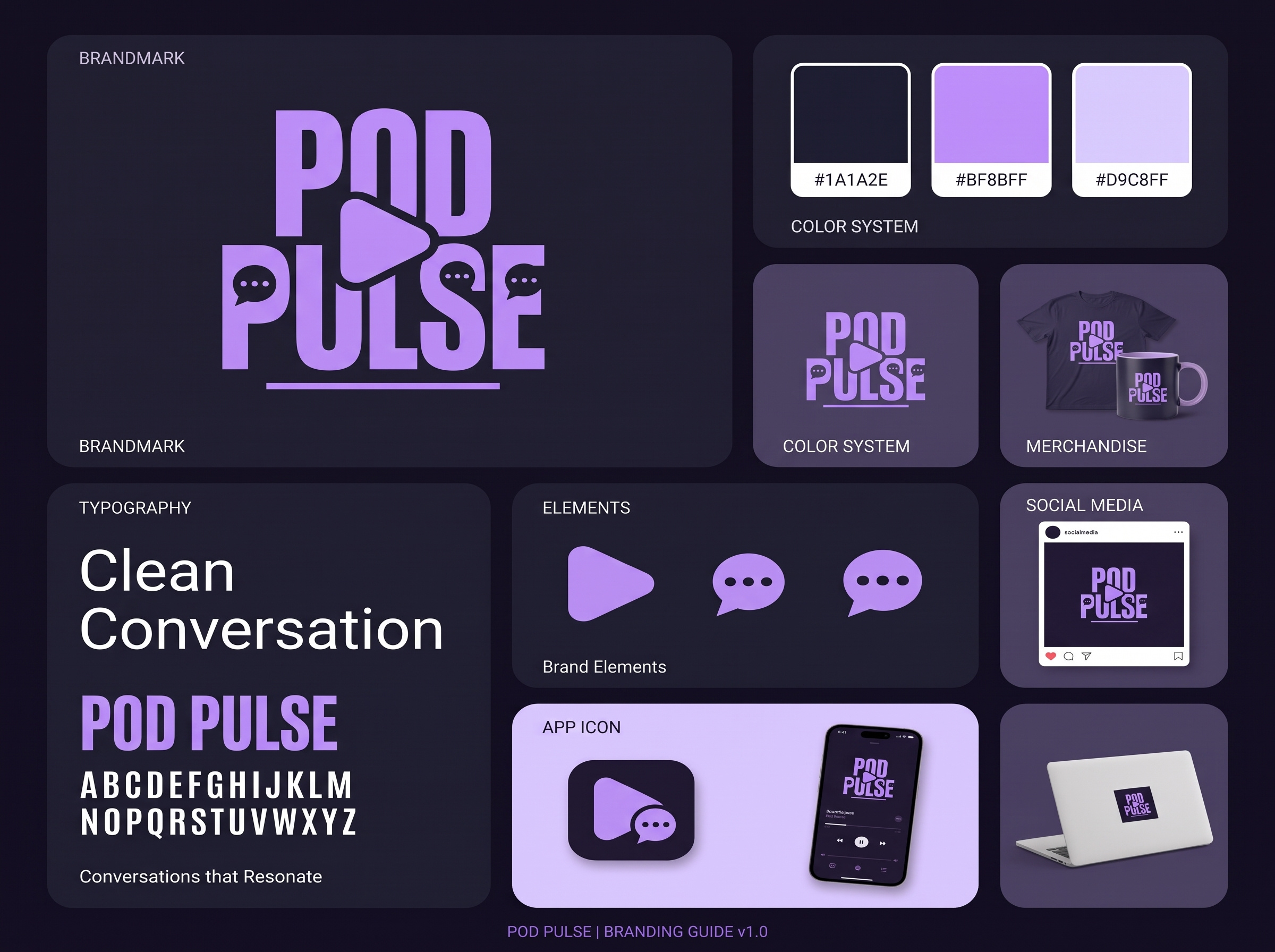 Pod Pulse - Podcast Production & Creator Brand Identity System app icon design apparel design audio brand identity brand guidelines graphic design inspiration lilac aesthetic logo design media branding merchandise mockup microphone packaging podcast branding podcast logo product design purple branding stationery mockup streaming ui unboxing experience vector emblem vehicle livery design visual identity
