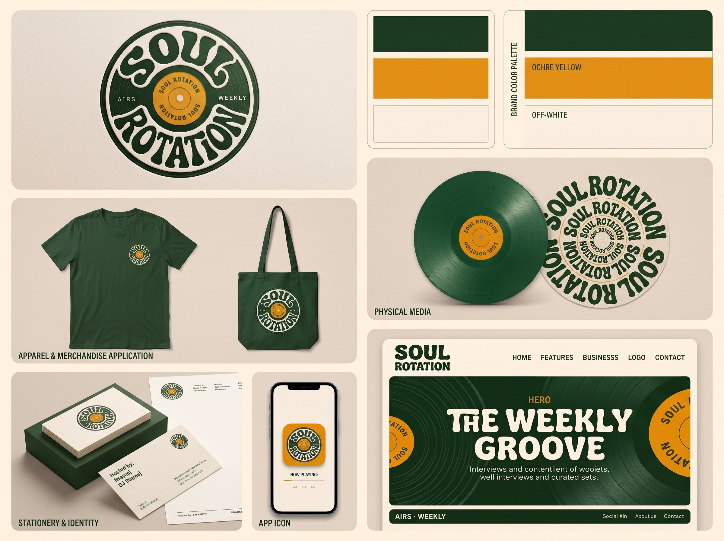 Soul Rotation - Vinyl Record & Music Broadcast Brand Identity 70s typography app icon design audio branding brand collateral graphic design inspiration music branding music merchandise music website design ochre palette podcast brand identity product design radio show branding record label logo retro brand identity tote bag mockup vector emblem vintage badge design vinyl mockup vinyl record logo visual identity