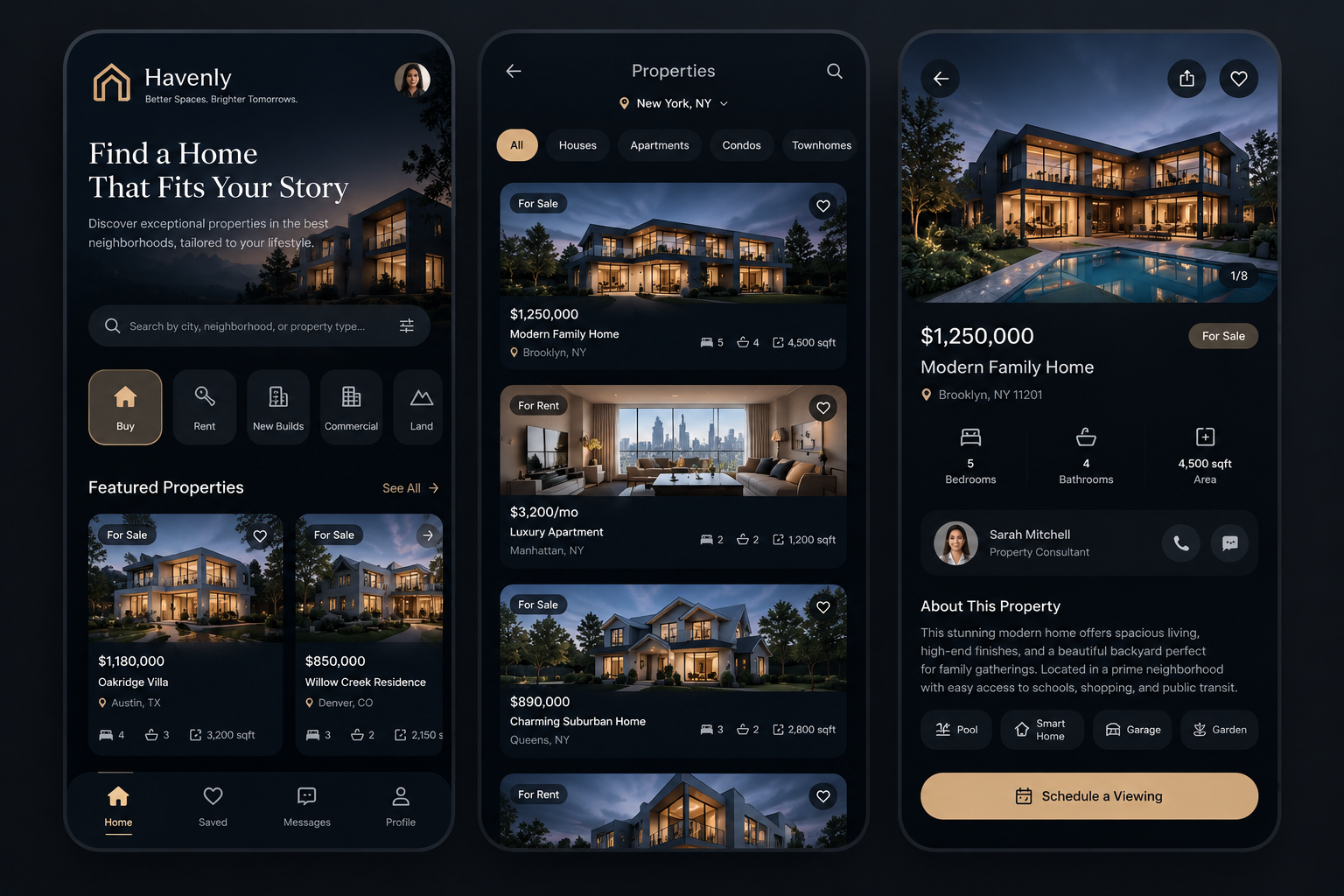 Havenly - Luxury Real Estate & Property Discovery Mobile App UI clean layout dark mode mobile ui dribbble mobile design gold accent ui home search ui ios app design luxury real estate design mobile app design mobile layout modern serif typography product design property discovery app real estate app concept real estate app ui real estate ui responsive mobile ui ui design ui ux design ux design visual identity