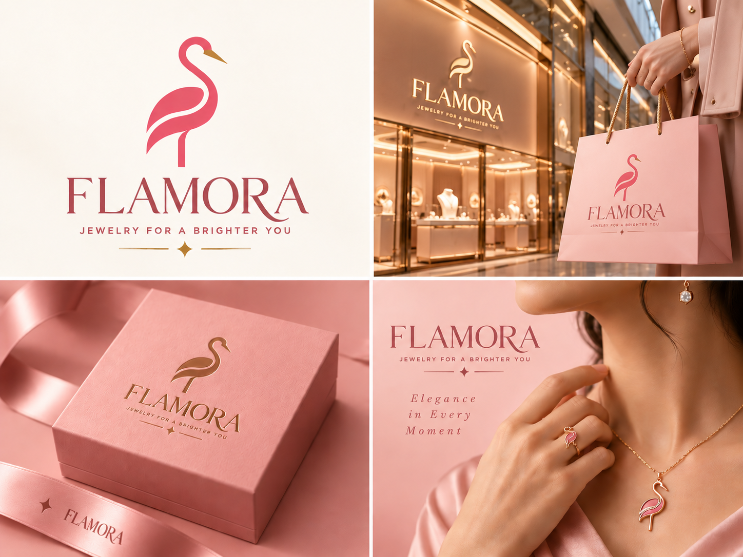 Flamora Jewelry Brand Identity | Luxury Logo Design beauty brand brand identity design elegant logo fashion branding feminine logo flamingo logo jewelry brand identity jewelry logo jewelry packaging luxury branding luxury jewelry luxury logo minimal logo packaging pink branding premium branding