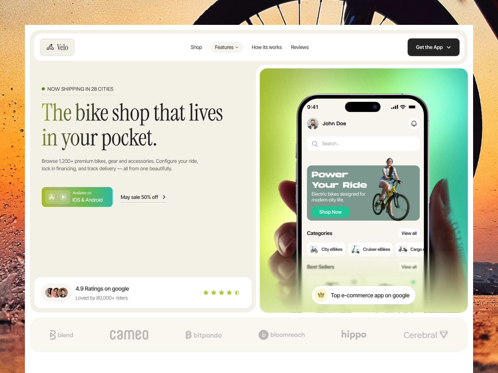 Velo — Modern Bike E-commerce App Landing Page / Cycling App app landing page bike ecommerce bike shop bike store website cycling app design e commerce e commerce app e commerce app landing page e commerce website landing page lifestyle commerce mobile app landing page mobile commerce modern e commerce online store premium shopping product landing page retail app shopify website website design