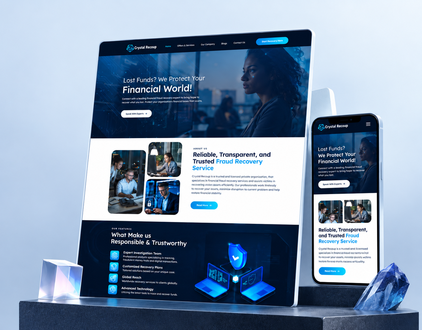 Home Page Design of Crystal Recoup Financial Recovery Platform graphic design ui ux website design