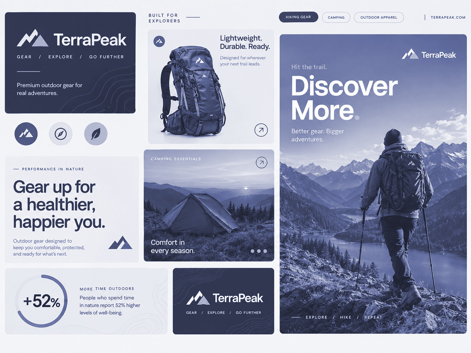 TerraPeak - Outdoor Adventure Gear & Equipment Brand Showcase adventure gear branding bento grid mockup brand guidelines camping website design clean layout ecommerce ui equipment showcase graphic design inspiration hiking brand identity logo design modern typography mountain emblem outdoor apparel ui outdoor brand identity product design slate blue ui technical gear logo topographic pattern vector badge visual identity