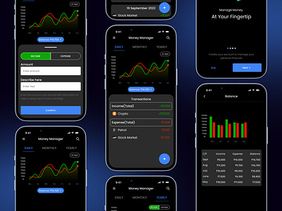 Money Manager - Mobile App balance app bank account manager bank app black color app budget app budget manager chart app dark app dashboard mobile finance app finance manager income app management app mobile app mobile app ui money app money dashboard mobile money manager onboarding screens passbook app