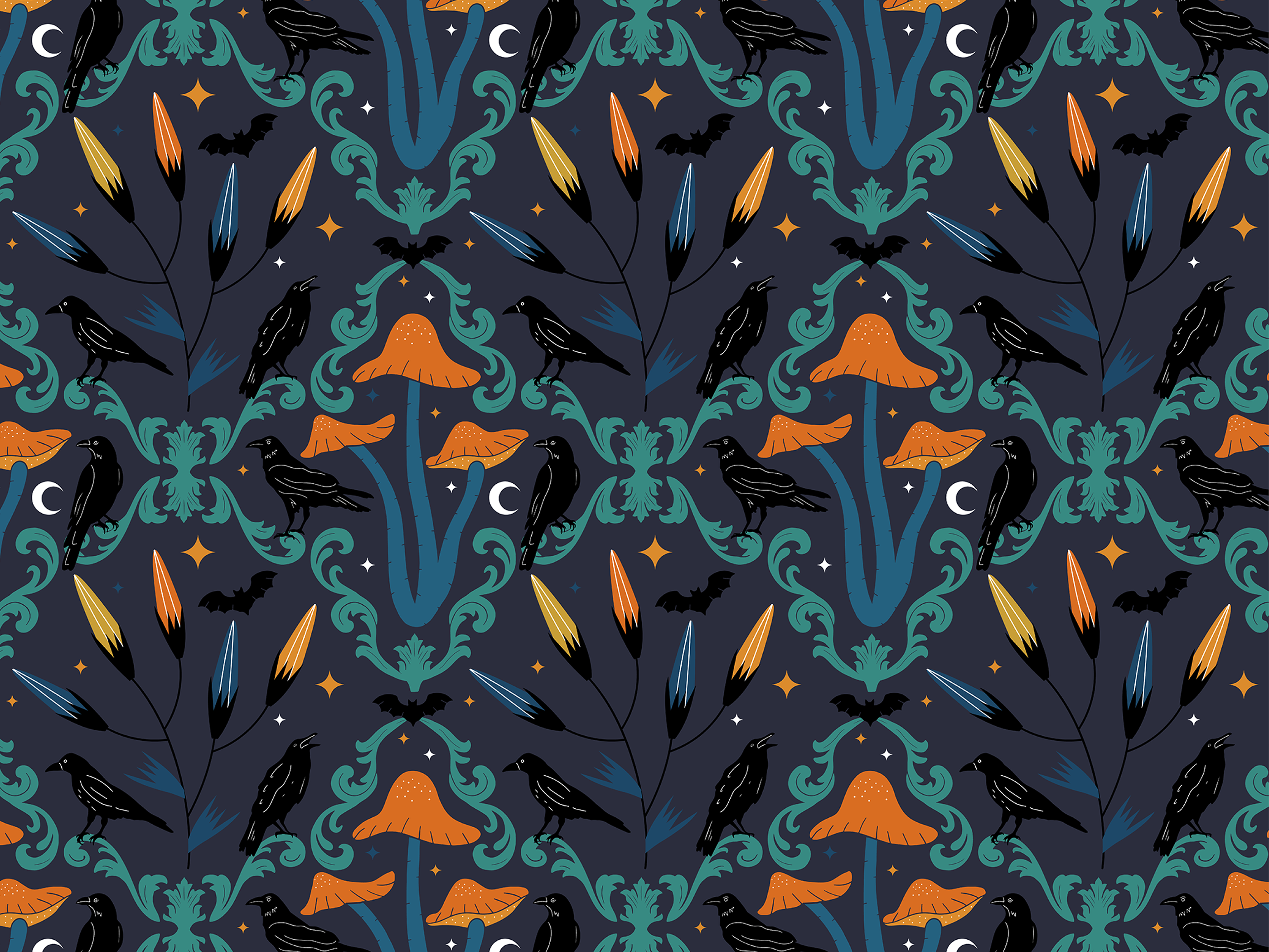 Ravens and Mushrooms pattern gothic halloween illustration package packaging pattern seamless pattern surface pattern textile pattern vector vector illustration