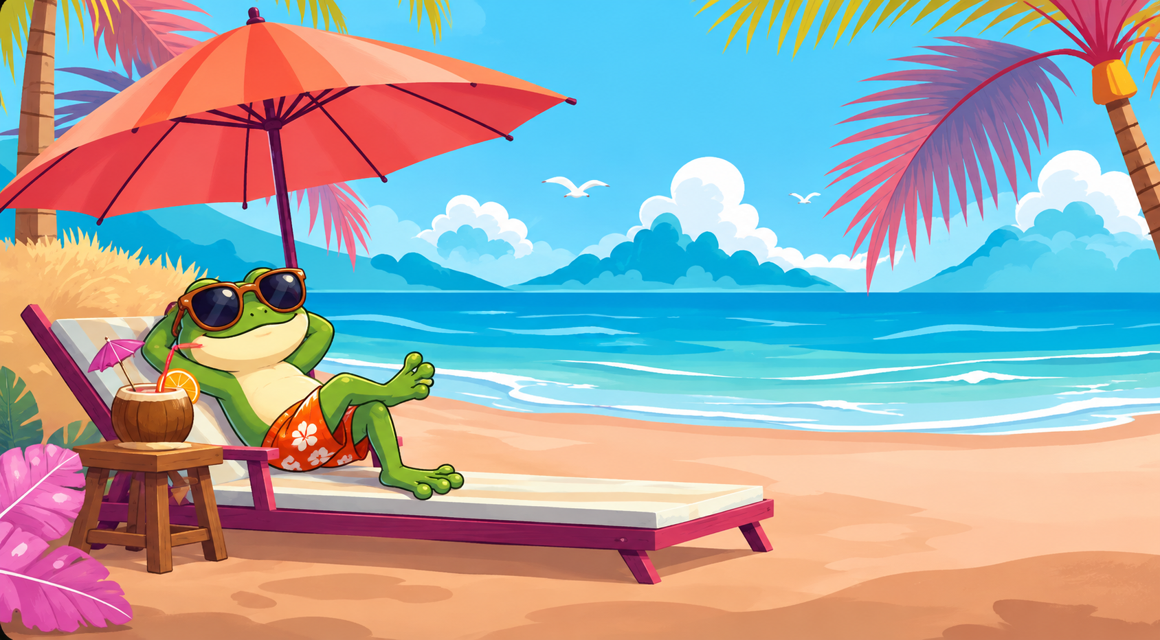 Cute Frog Beach Adventure – Children’s Book Illustration animal character beach art beach character beach illustration childrens book illustration childrens book illustrator childrens illustration cute character design cute frog digital illustration frog illustration fun illustration kids book art kids illustration picture book illustration storybook illustration summer illustration tropical beach tropical illustration visual storytelling