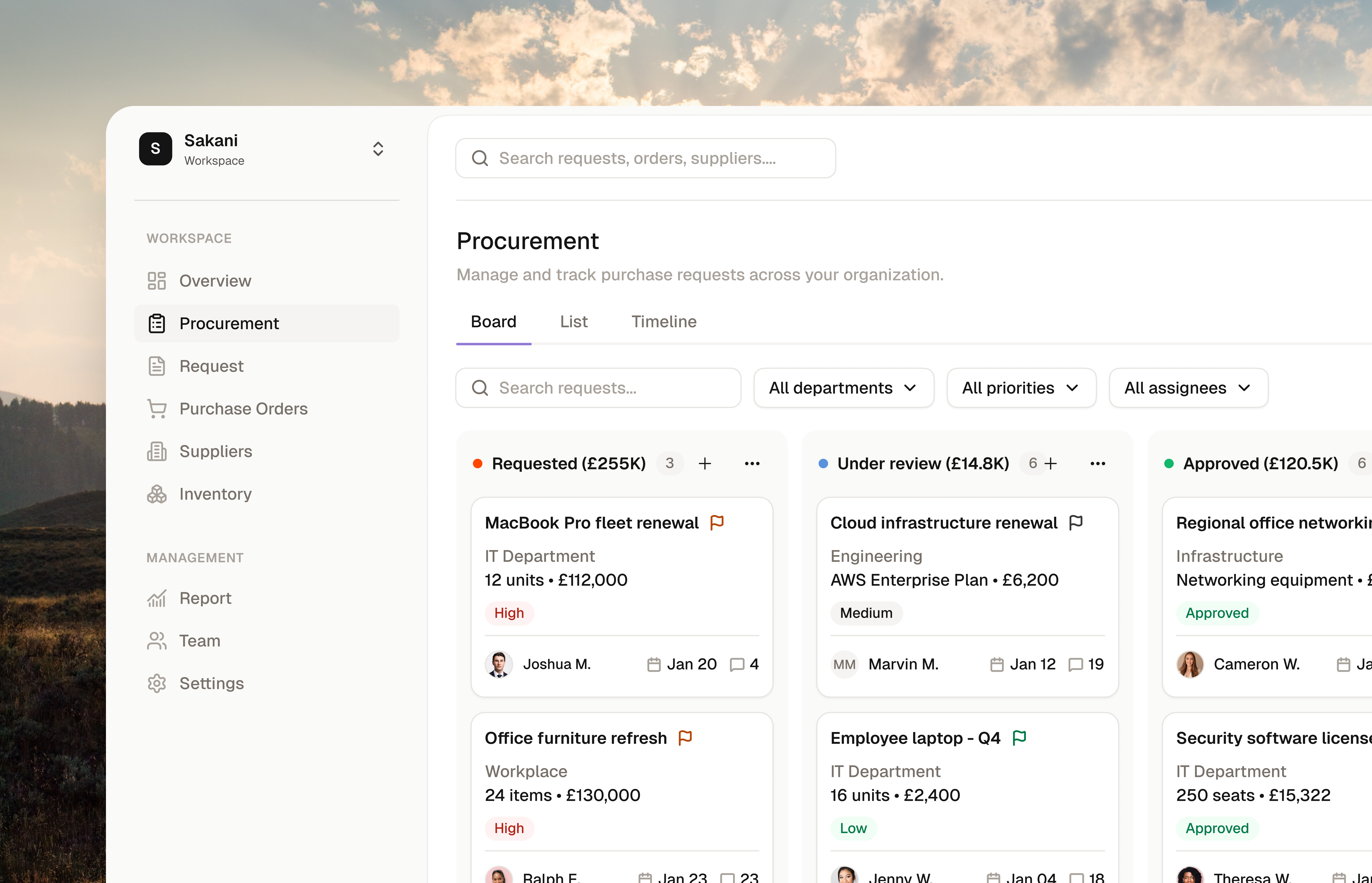 Procurement management dashboard — Sakani design system dashboard design system kanban saas ui uikit uiux