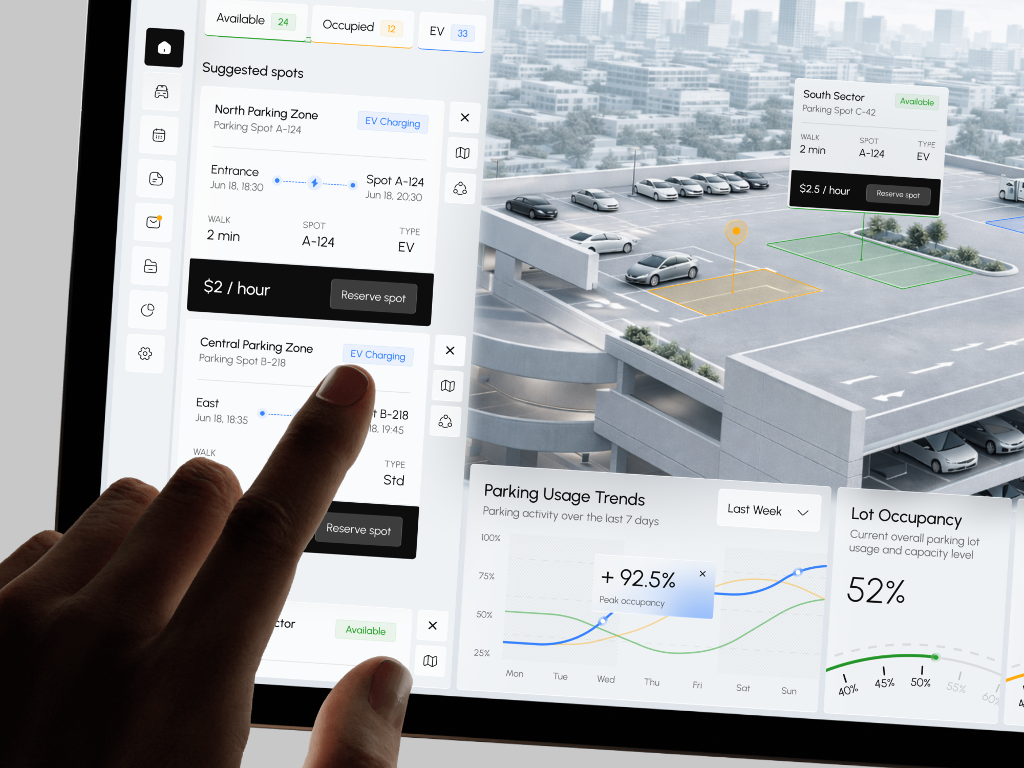 Voltera | Smart EV Fleet & Facility Parking Touch Dashboard UI 3d facility map ui b2b mobility software clean dashboard layout digital product design digital twin parking ui ev charging facility app fleet parking platform iot infrastructure ui lot occupancy analytics modern saas ui kit parking management system parking occupancy tracker parking reservation tablet responsive tablet web app smart city dashboard smart mobility dashboard smart parking management tactile tablet interface touch screen interaction mockup