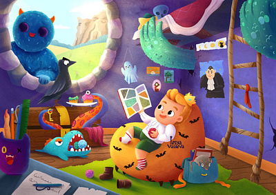 Olden in the room 2d background character design children illustration children room illustration monster room roomdesign