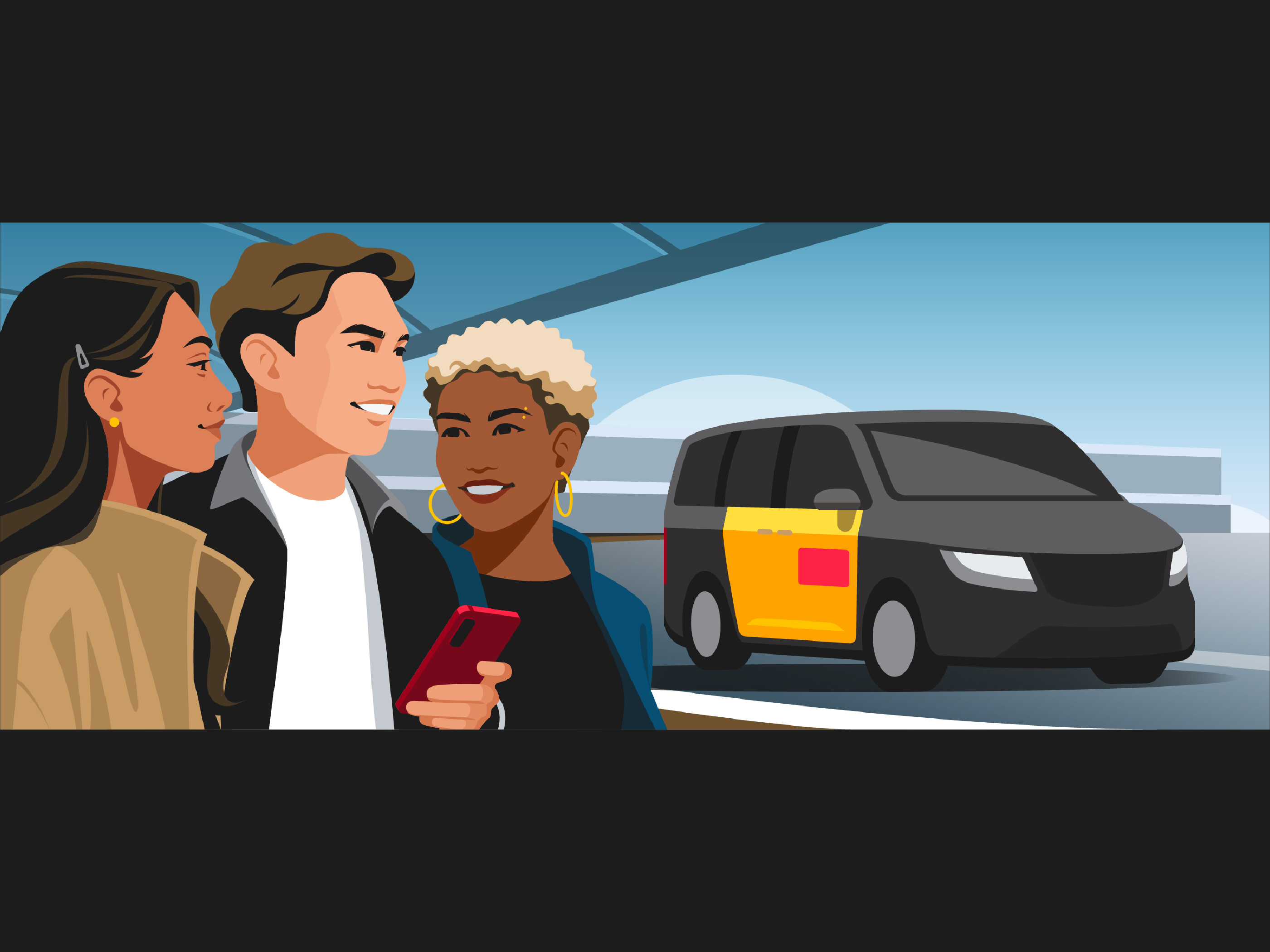 Freenow Concept Illustration #4 banner cab car character flat friends girl illustration man minimalist ride taxi transportation travel vector vehicle woman