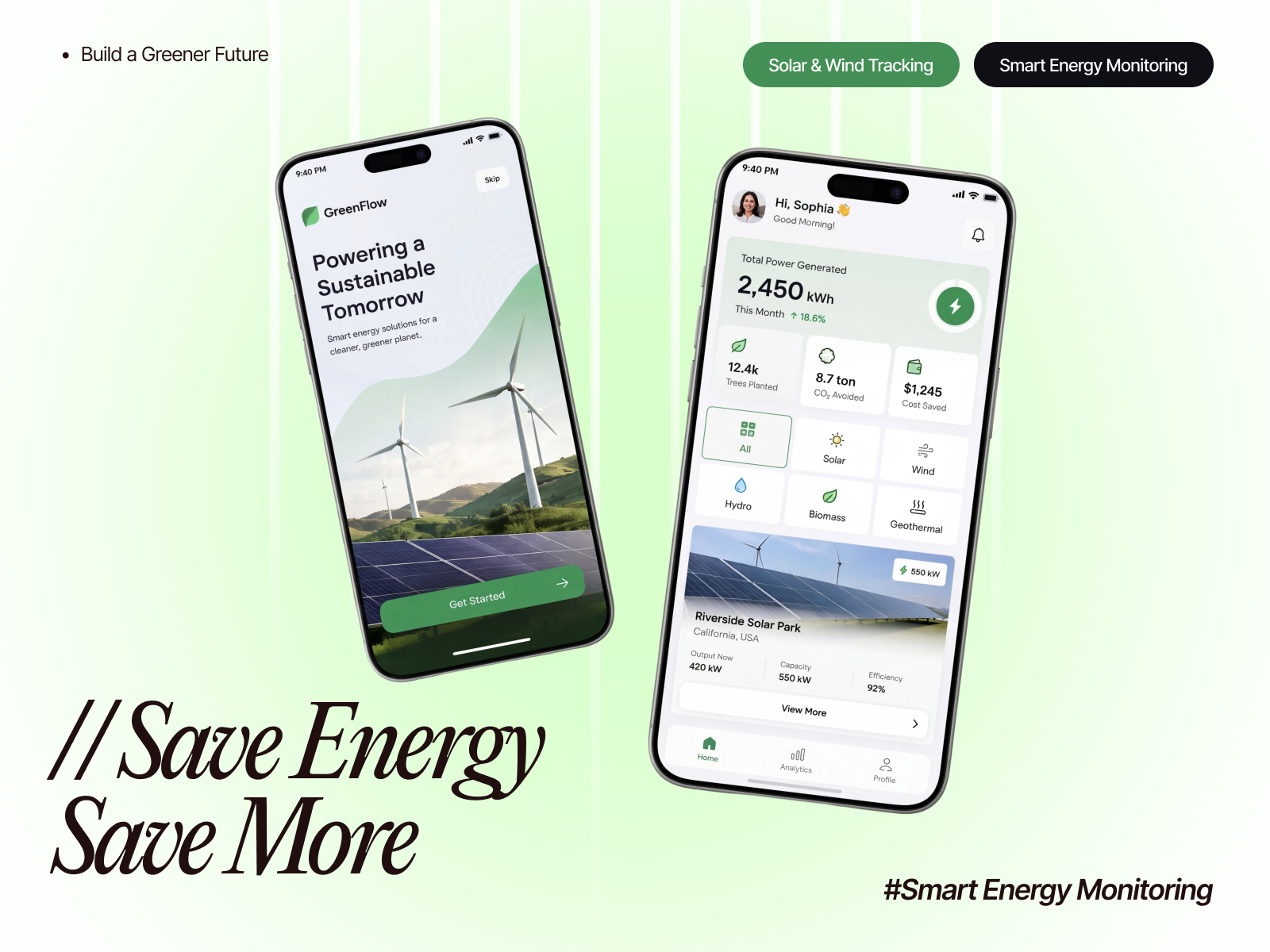 GreenFlow - Smart Energy Monitoring Mobile app app design clean energy dashboard design data visualization energy app greenflow interaction design mobile app mobile ui pro hero ui product design renewable energy smart energy solar energy sustainability techwitpro uiux design wind energy