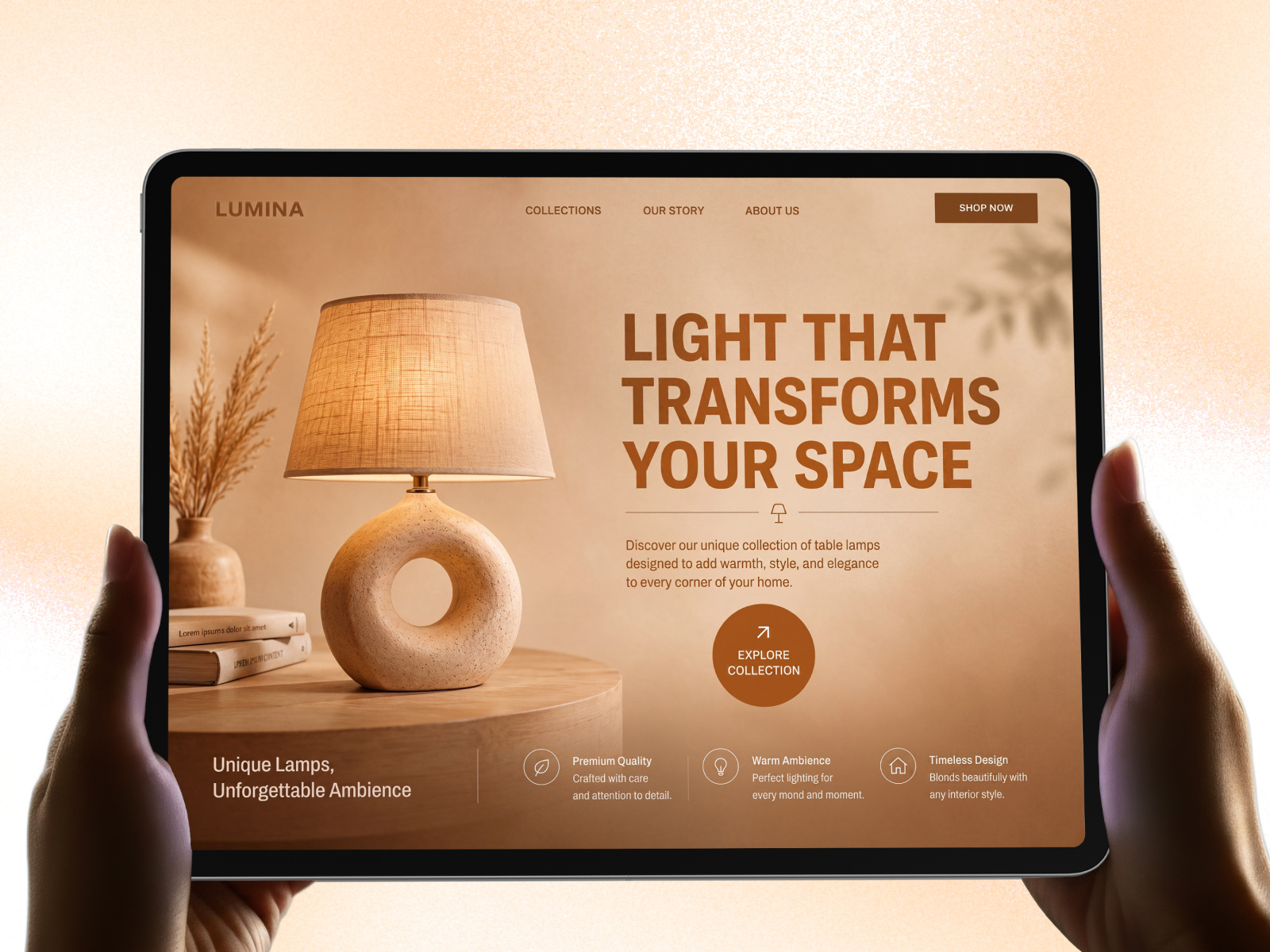 Lumina - Light That Transforms Your Space art direction brand experience development e commerce hero ui interior design landing page lighting brand lumina luxury design minimal design product showcase techwitpro typography uiux design visual design web design website design