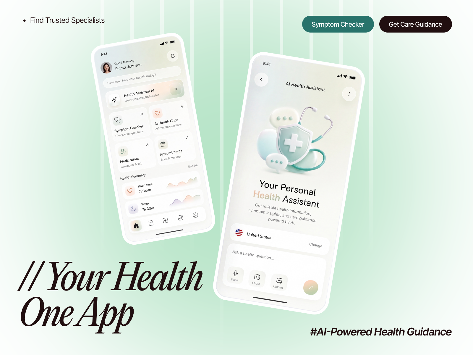 Your Health, One Smart App ai assistant ai healthcare app design development digital health health app healthcare app healthtech hero ui design interaction design mobile ui modern ui product design techwitpro uiux design user experience ux design voice assistant web design