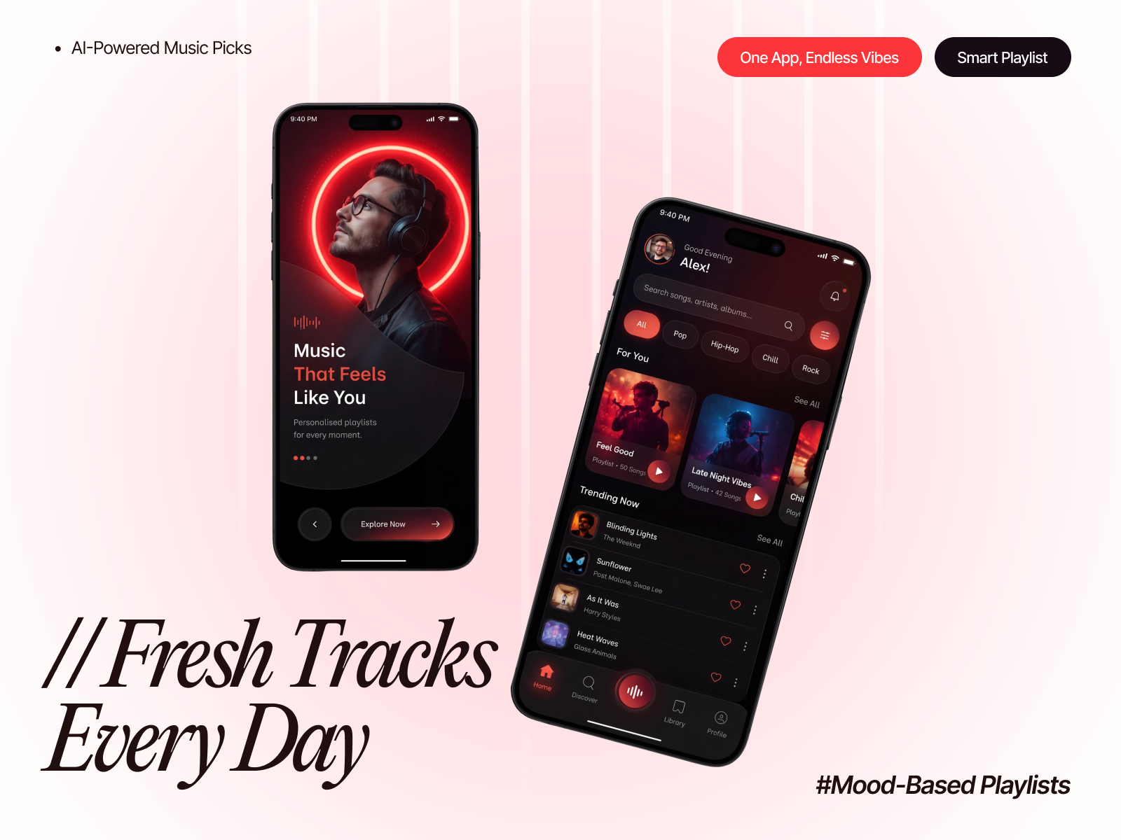 A New Way to Experience Music creative ui dark ui development digital product hero ui interaction design mobile experience music app music discovery music player music streaming playlist design product design techwitpro uiux design user experience visual design website design