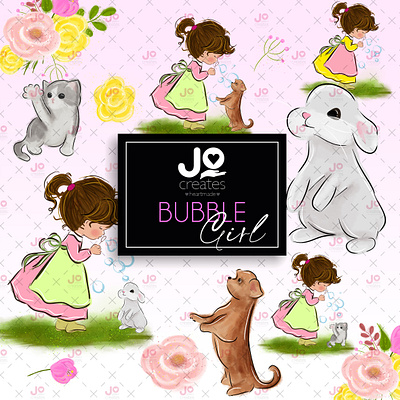 Bubble girl bubble bunny cat cute flower girl puppy watercolor