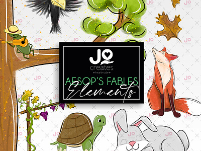 Aesop's Fables elements aesop cicada crow fox hand drawn rabbit tortois tree watercolor