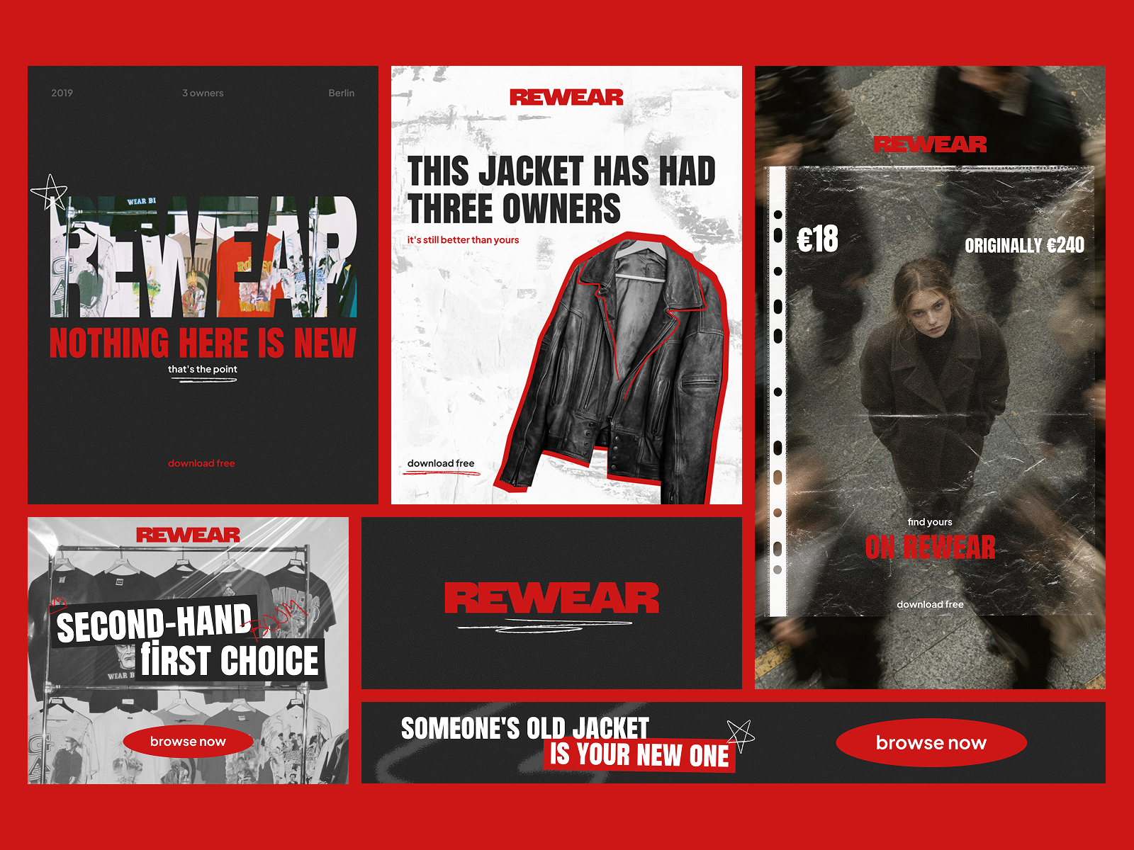 Rewear: Ad Creatives ad design advertising available for work banner design branding collage concept project fashion graphic design instagram logo marketing second hand social media typography