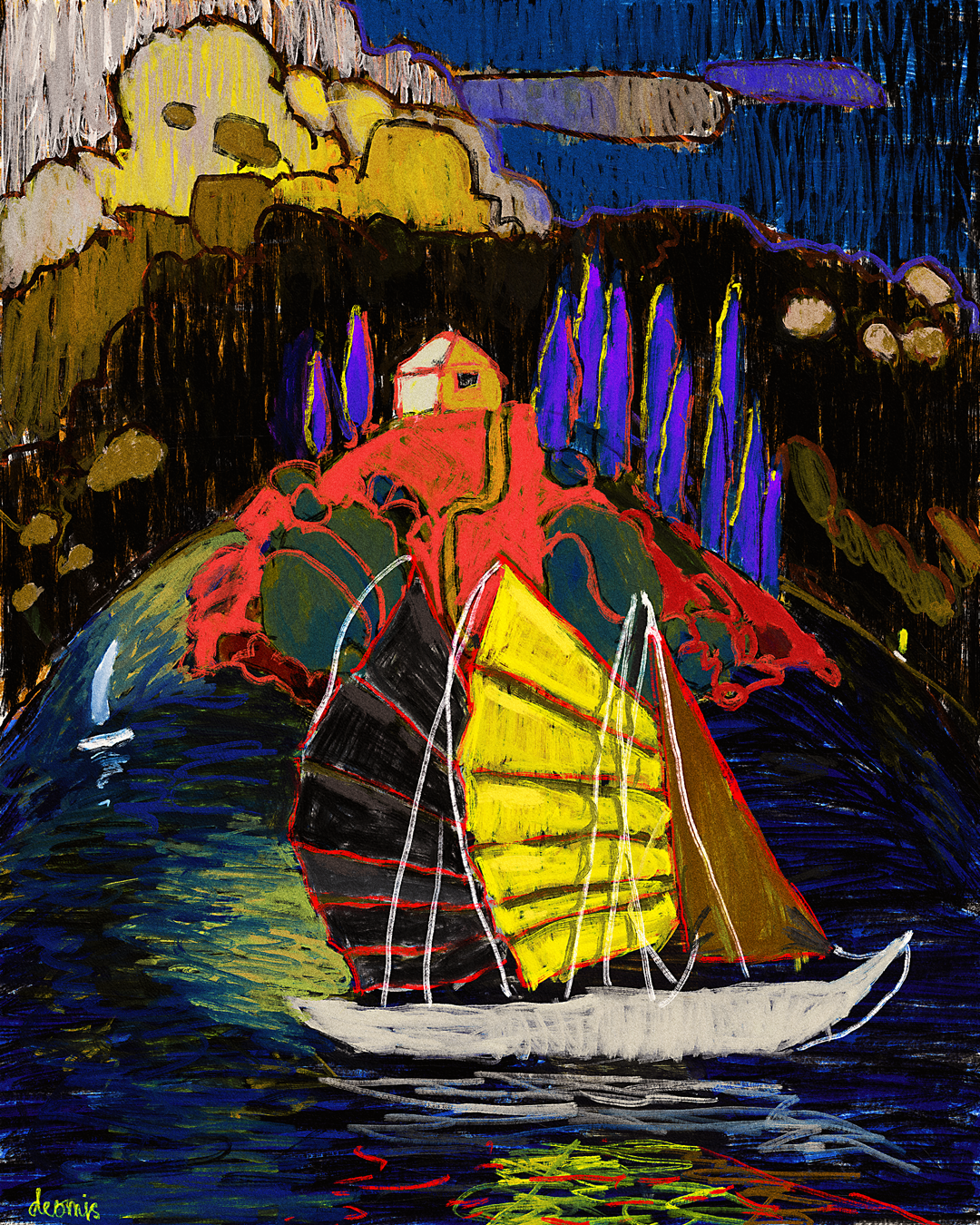 Island boat cloud color exploration design fauvism illustration impressionism island landscape oil painting postimpressionism texture