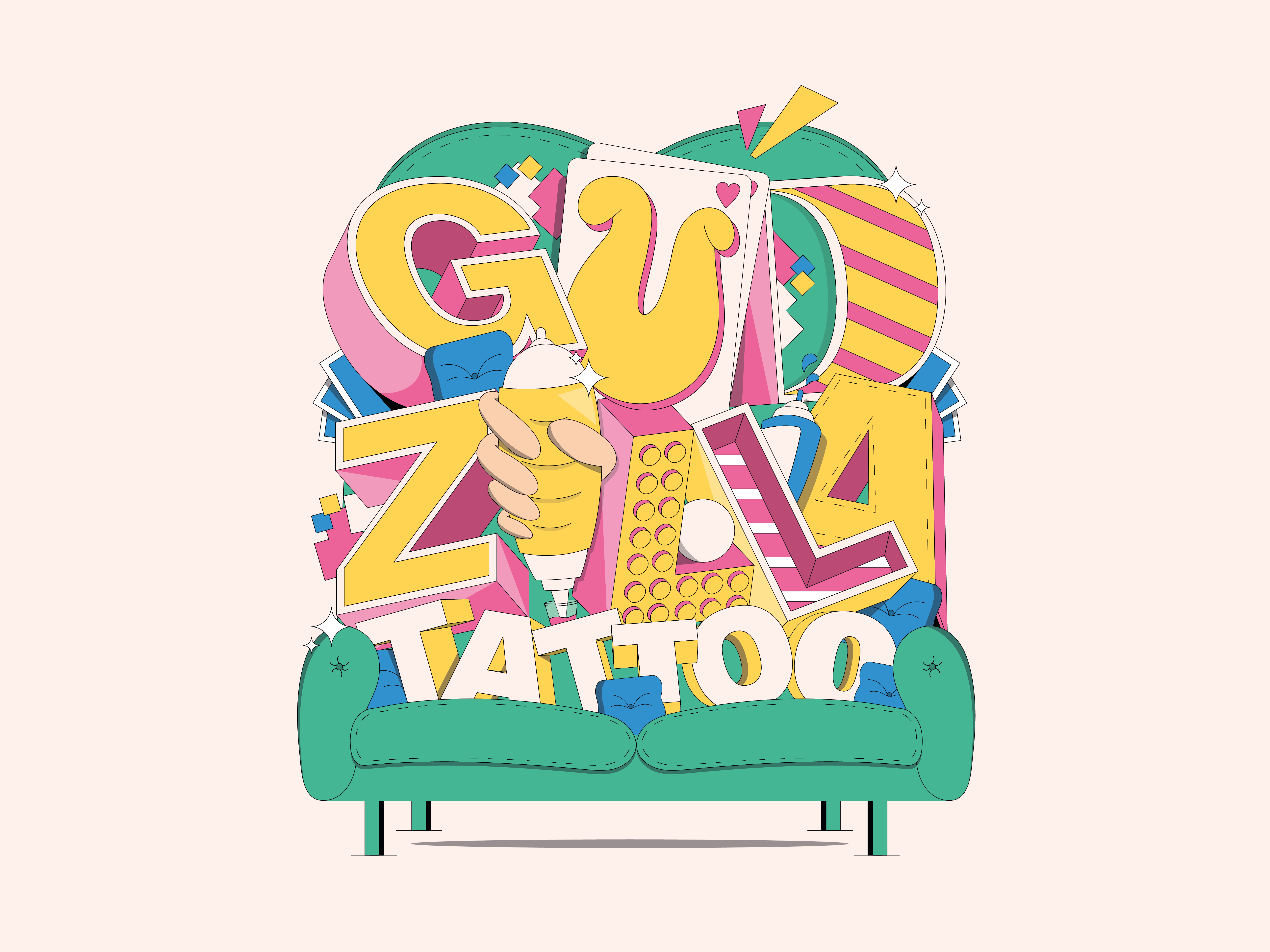 GUDZILLA TATTOO 2d 3d branding design graphic design hand lettering illustration isometric lettering poster design poster illustration retro tattoo studio type design typography vector vector art vector illustration