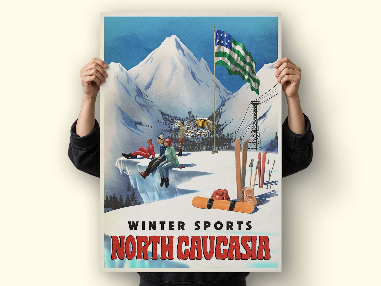 NORTH CAUCASIA - Vintage Travel Poster alpine poster americana graphic illustration hand drawn illustration mid century design mountain illustration nostalgic design poster design retro design retro illustration retro travel poster ski poster skiing snowboarding tourism poster travel illustration vintage advertising vintage illustration vintage travel poster winter sports