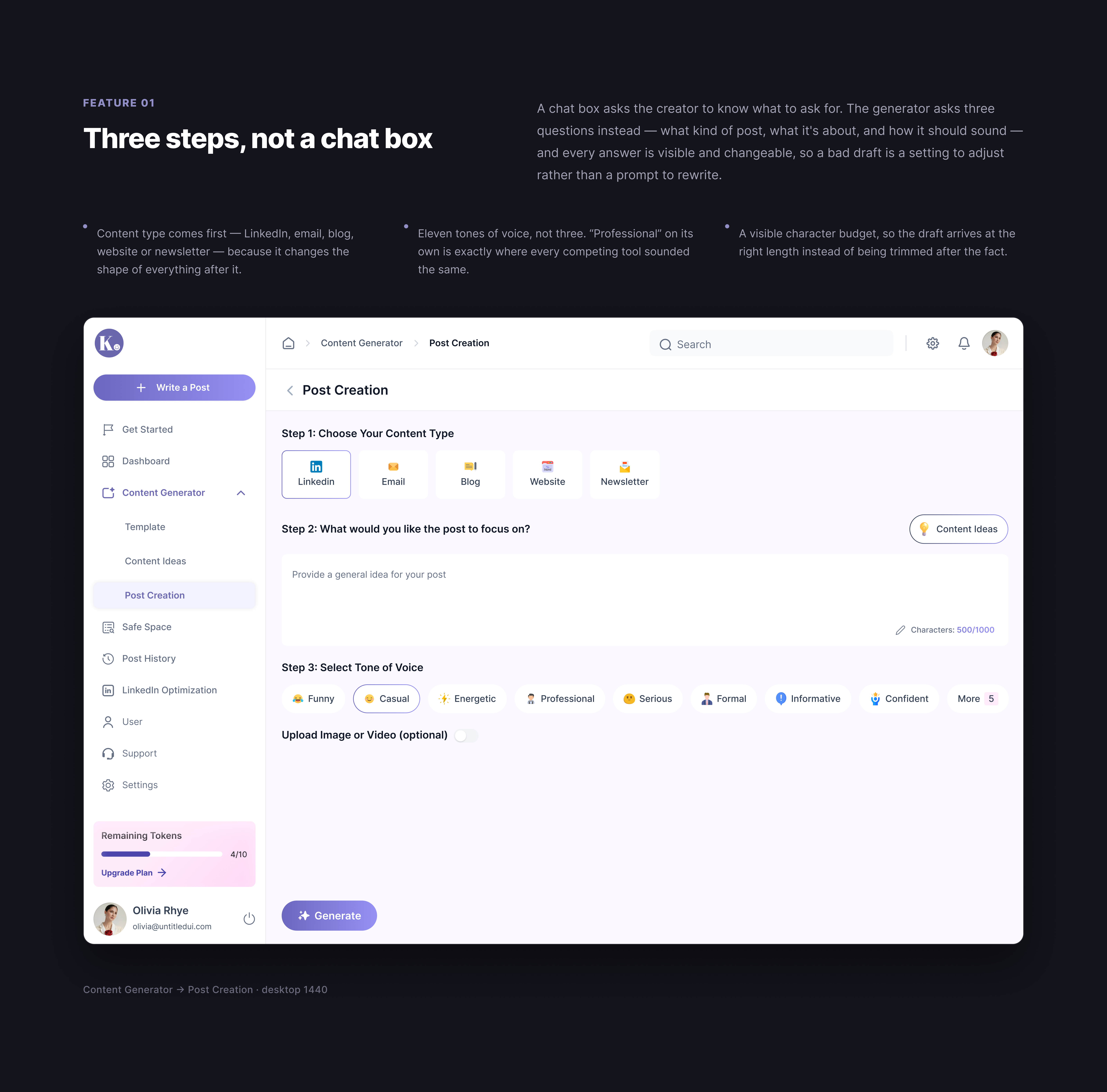 Idea to draft in five steps ai tools ai ux behavior design case study content tools creator economy dashboard design design system feature design interaction design mobile app product design product ux saas ui ui ux design user research ux case study web app writing app
