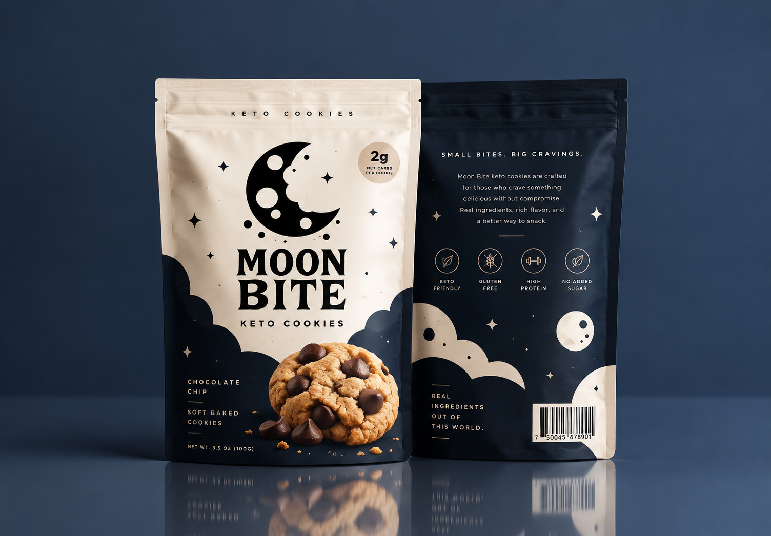 MOON BITE Keto Cookies 3d branding chocolate chip cookies food graphic design keto logo product design snack