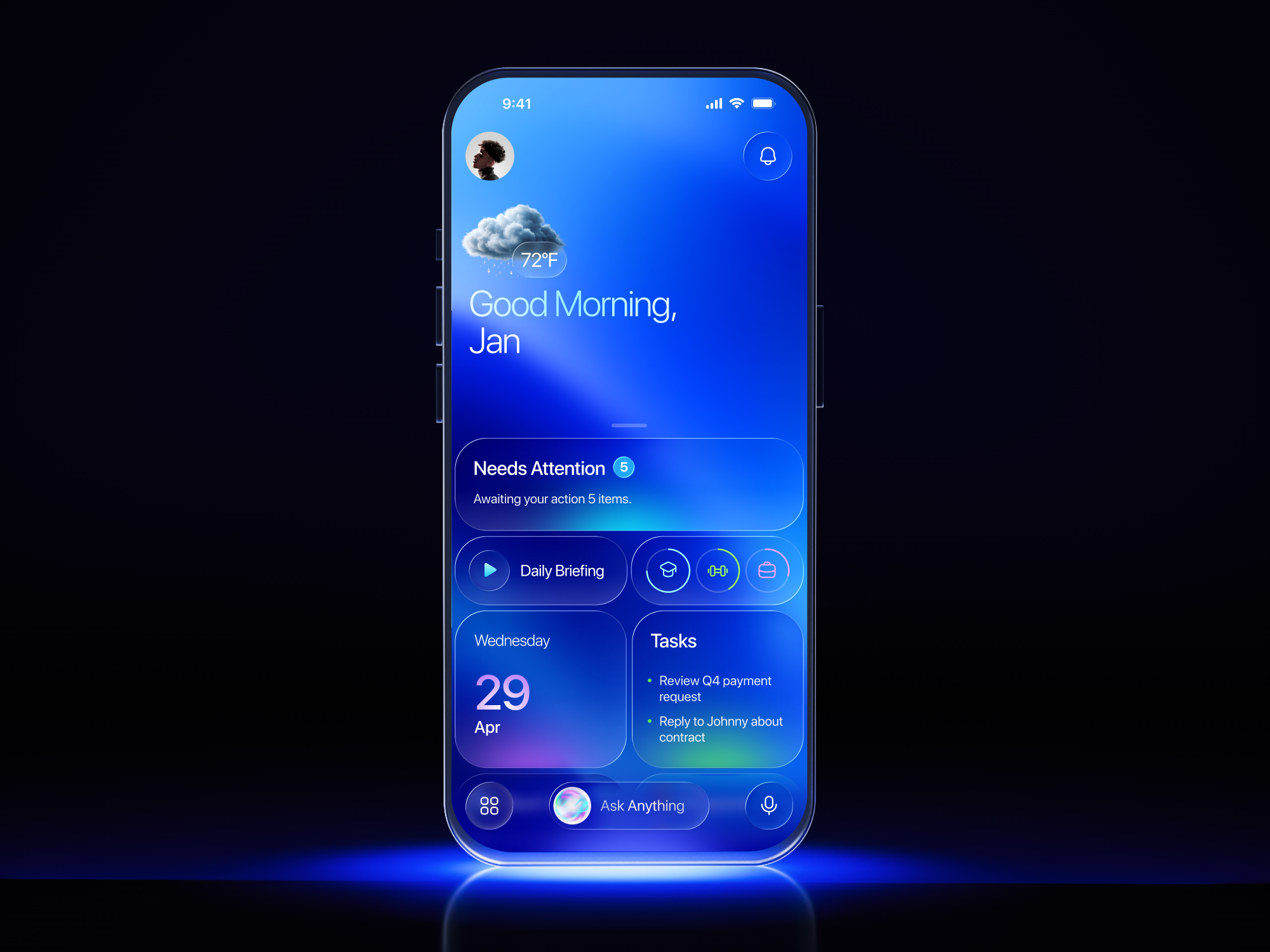Agentic AI Daily Overview | Electric Blue by AmazingUI agent agentic agentic ai agentic os agentic ui ai agent ai app ai assistant ai ui ai ux assistant best design claude gemini mobile mobile os modern design os premium design siri
