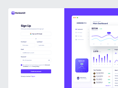 Sign up / Register page — Horizon UI 2023 account admin dashboard admin panel admin template create account dashboard form free log in login register sign in sign in form sign up sign up form sign up page signup template ui