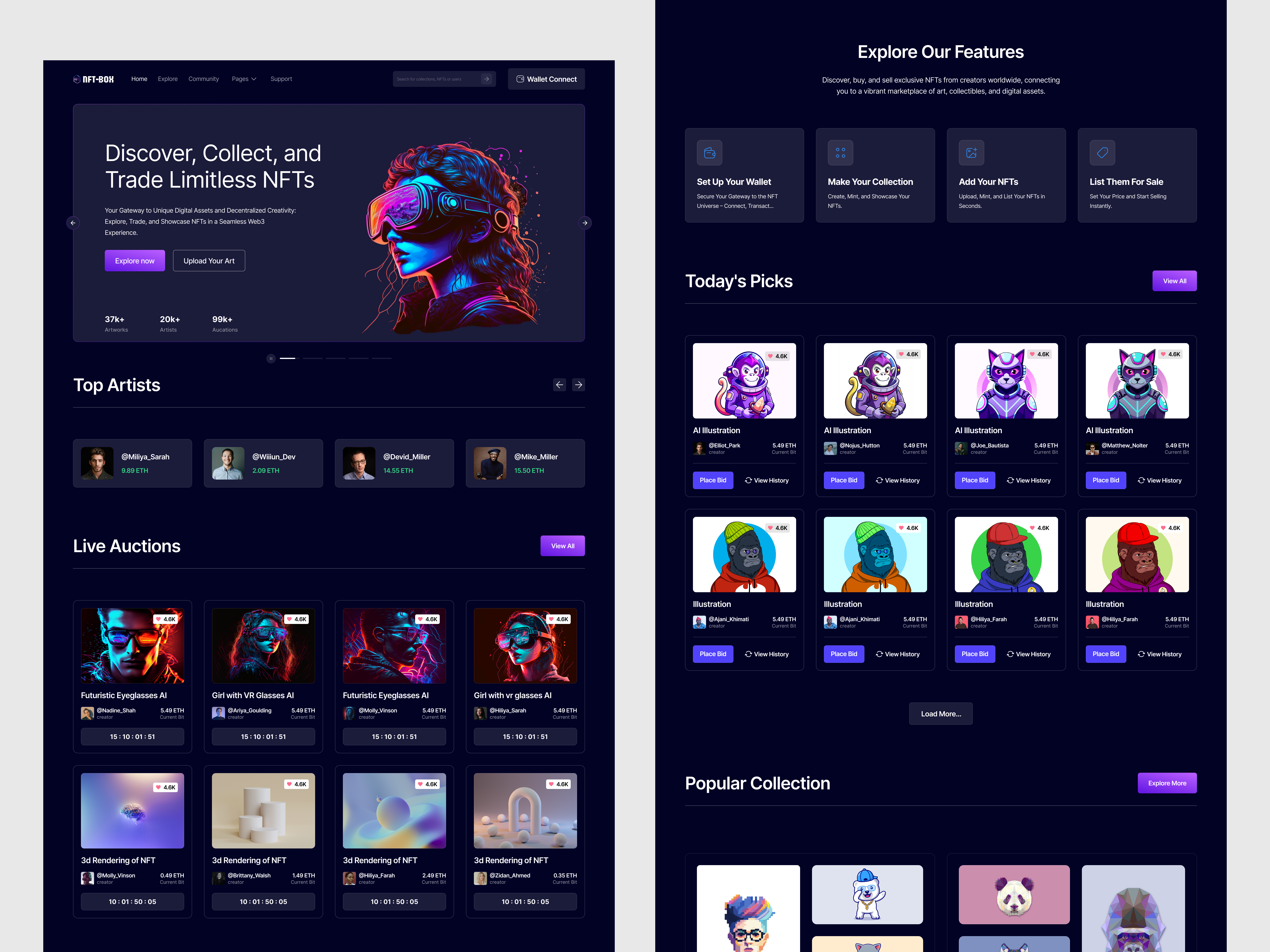 Web3 NFT Marketplace — Digital Art Trading Platform categorydesign dark mode dark ui digital art filters sort futuristic ui illustration landing page marketplace modern ui product product design responsive design ui ui animation ui design uxdesign web app web design web3