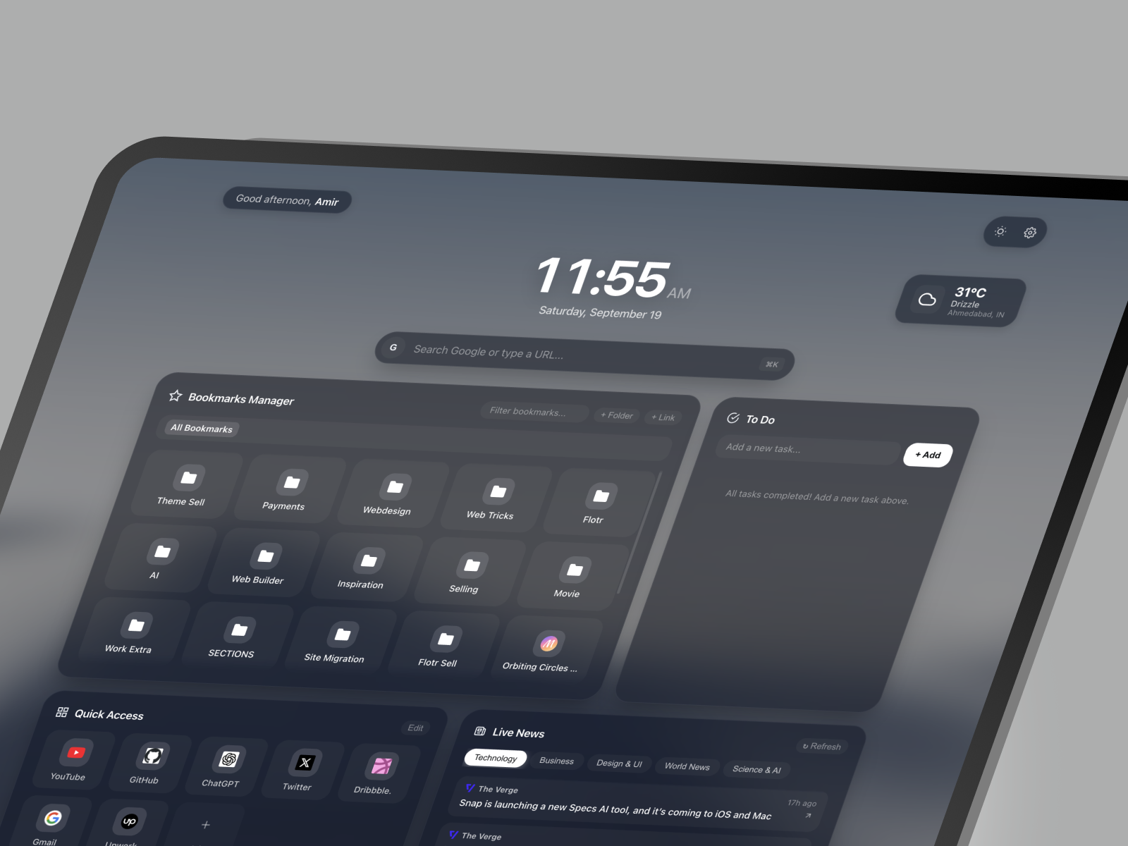 Nook — Productivity New Tab Dashboard for Chrome bookmark manager browser extension chrome extension dark mode dark ui dashboard ui new tab product design productivity app task manager ui design ux design
