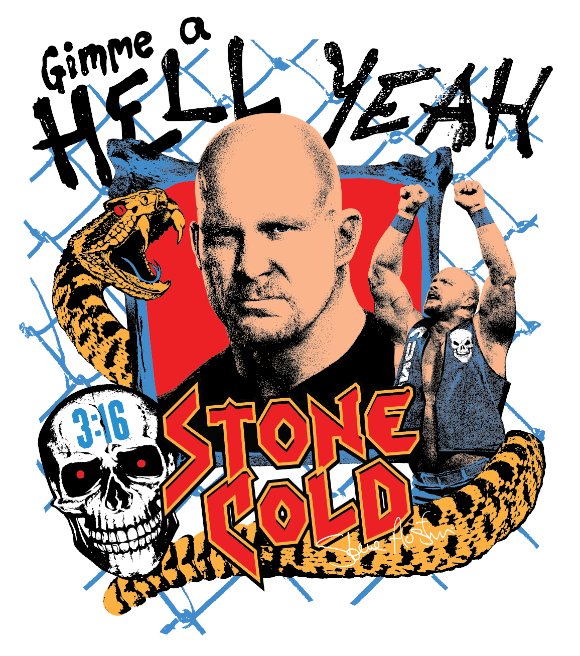 HELL YEAH! apparel design band merch collage graphic design grunge design hand drawn type illustration merchandise design photo manipulation stone cold t shirt design typography wwe xerox