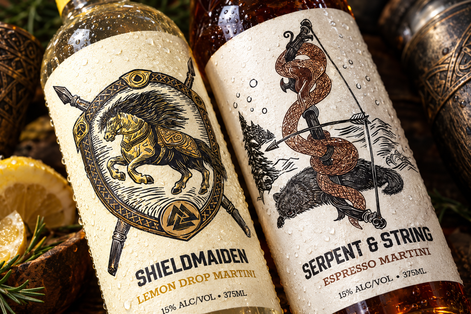 Martini Label Designs with Nordic Illustrations alcohol drawing engraving hand drawn illustration illustration art illustrator label martini mythology norse packaging packaging design serpent shieldmaiden spirits viking vodka wood carving wood cut