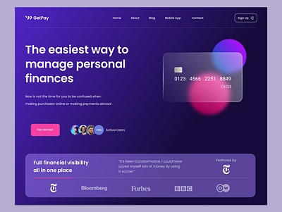 Get Pay - financial service banking clean finance landing page minimalistic modern startup ui ux uxui web website