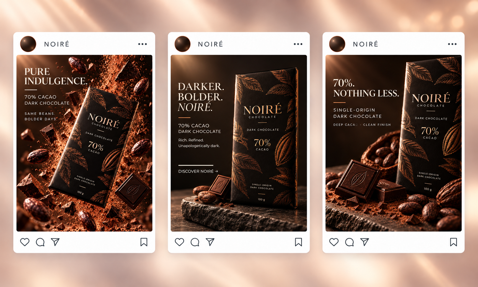 NOIRÉ — Premium Dark Chocolate Ad Campaign art direction chocolate advertising chocolate packaging commercial design creative direction food advertising food campaign food photography generative ai luxury branding packaging design premium packaging product advertising product photography product visualization social media ads