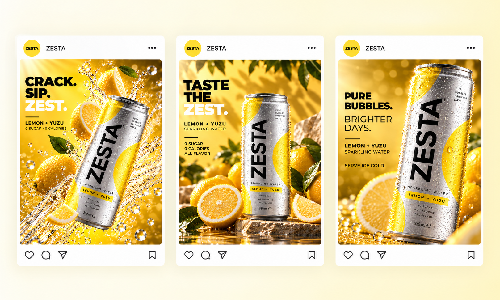 ZESTA — Sparkling Water Product Ad Campaign advertising design art direction beverage advertising beverage branding beverage design campaign design commercial design creative direction drink photography generative ai packaging design product advertising product photography product visualization social media ads sparkling water