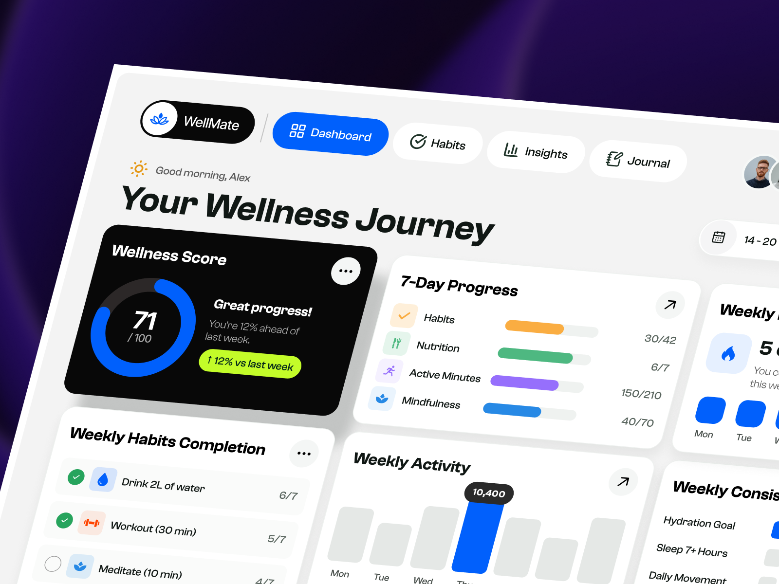 Habit & Wellness Dashboard UI Design dashboard design habit habit app habit dashboard habit tracker habit tracker dashboard habits habits app habittracker healthcare product design productivity routine saas saas dashboard tracker web app design webdesign wellness app