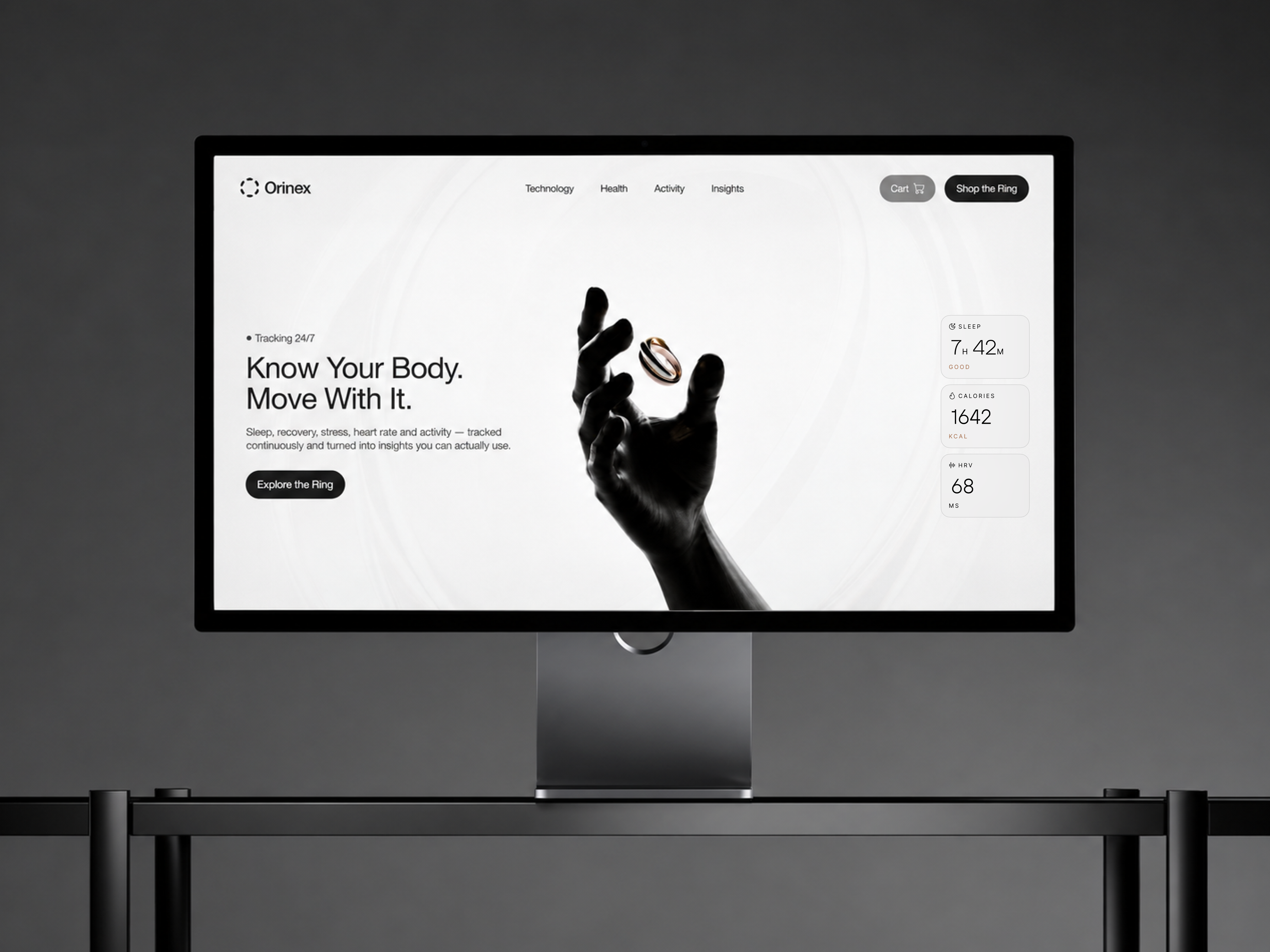Orinex — Wearable Health & Activity Tracker activity tracker dark ui dashboard data visualization health platform health tech hero section interface design kpi cards landing page metrics minimal design mobile responsive product design saas self care uiux design wearable tech web design wellness