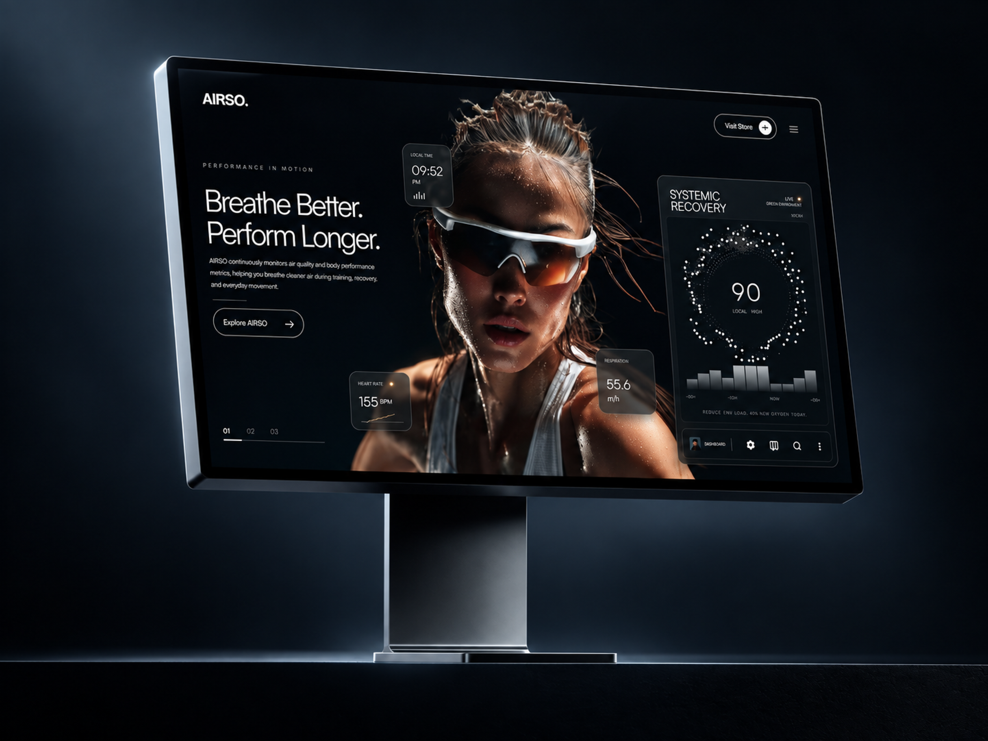 AIRSO — Performance Breathing & Recovery Platform athlete dashboard athletic performance breathing technique dark ui data visualization health tech hero section landing page live data minimal design mobile responsive performance tracking product design real time monitoring recovery metrics saas sports tech uiux design wearables web app