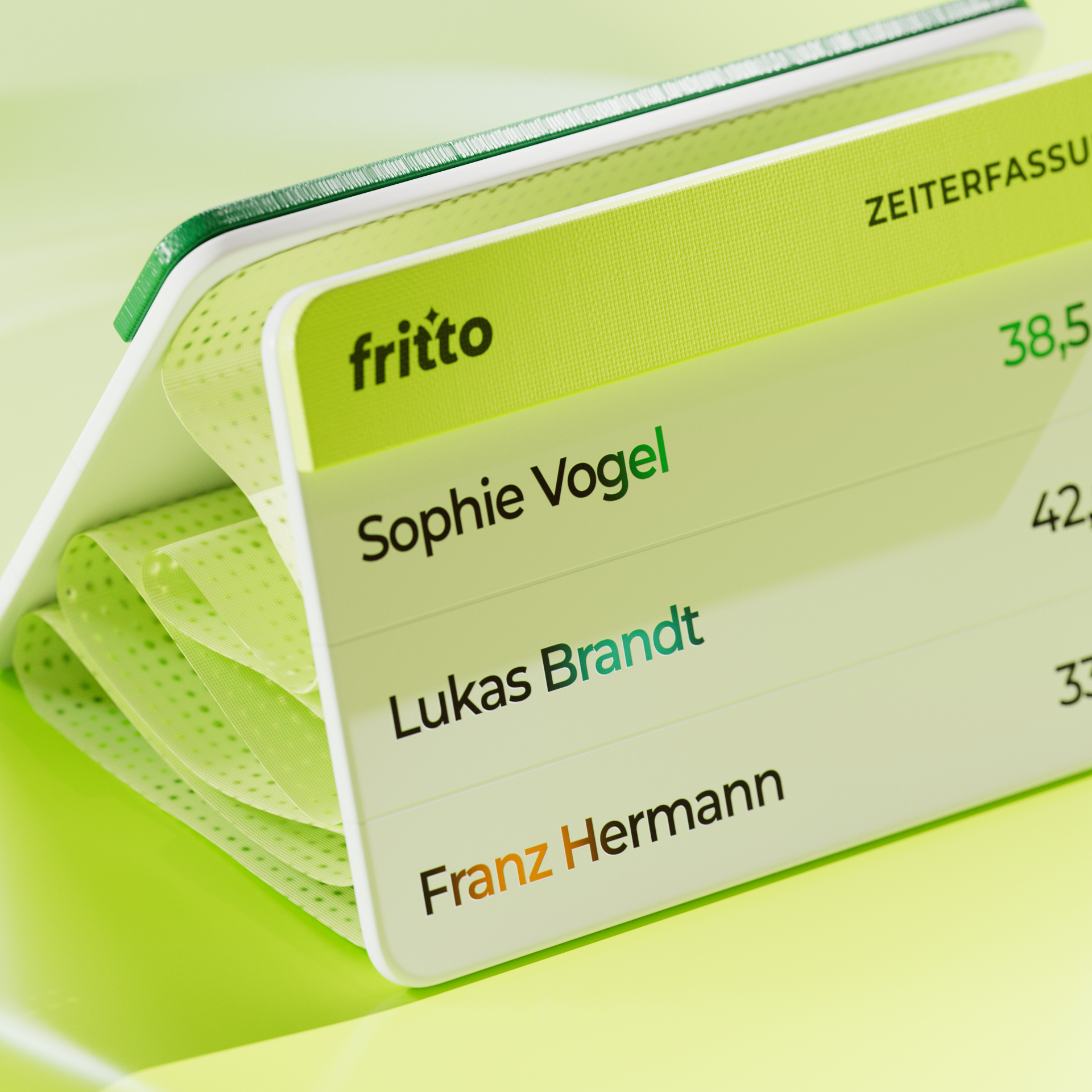 3D UI Concept: Close-Up Timesheet Widget 3d render 3d ui close up detail desktop widget employee list hr software lime green macro shot octane render redshift render soft touch tactile ui texture detail time log time tracking app timesheet ui design user interface concept