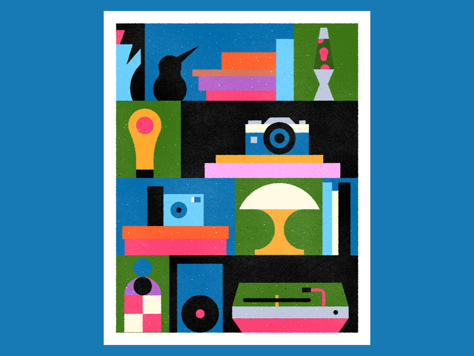 shelf bold book book shelf colorful geometric shapes graphics lamp pop art record shapes shelf