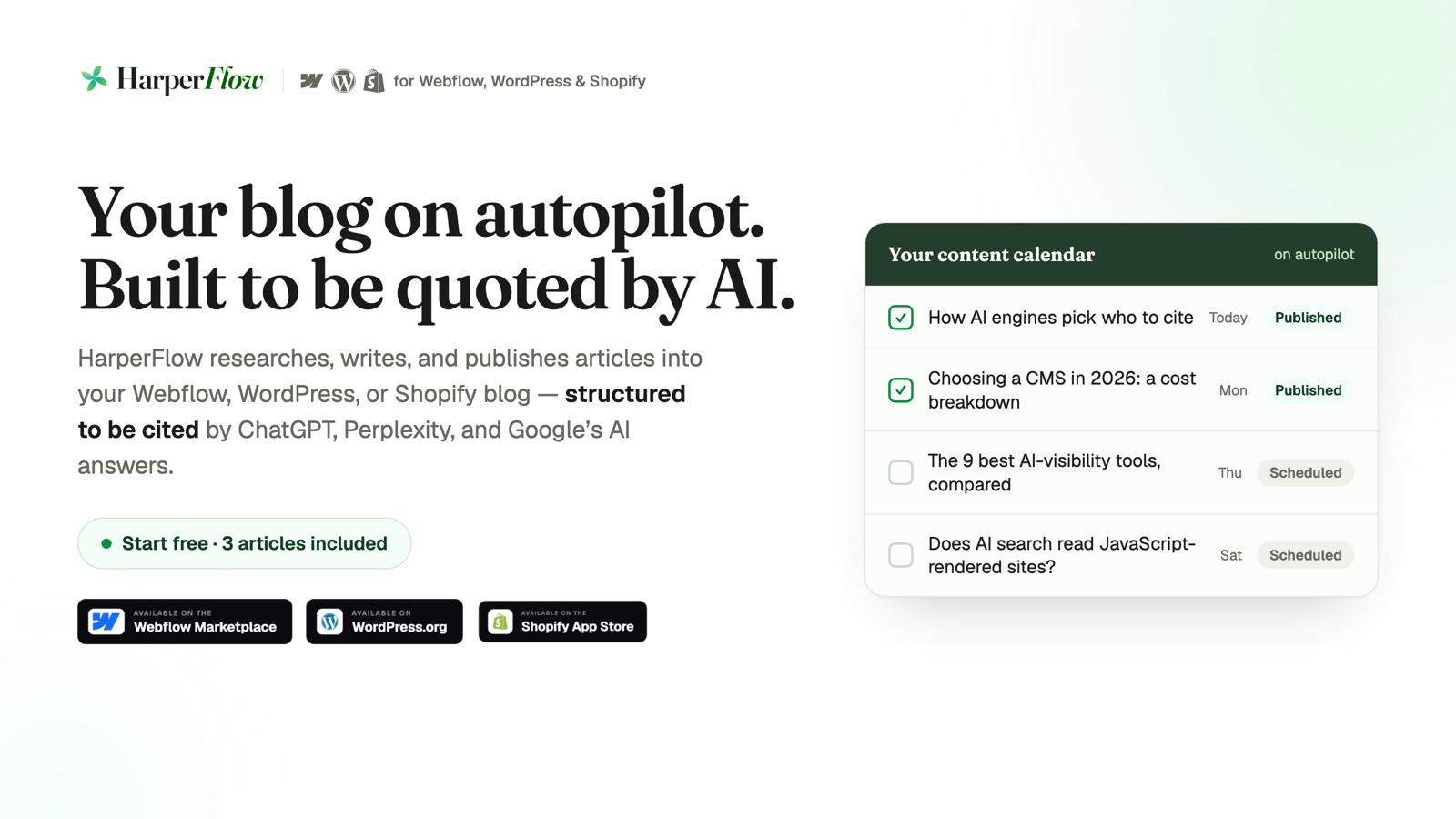 HarperFlow — AI Search Content SaaS Landing Page ai ai search artificial intelligence automation content marketing dashboard editorial design landing page marketing website product design seo shopify startup typography ui design web design webflow website design wordpress