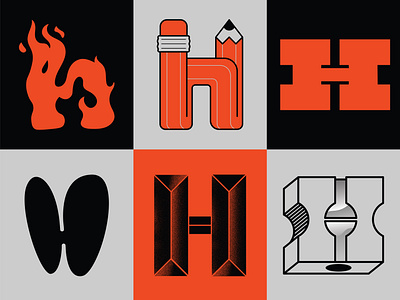 Honedon Brand - Letter H variants black branding bubbly design flame flamingh graphic design h hvariants ill illustration letter letterh logo orange pencil sharpner typography variants vector