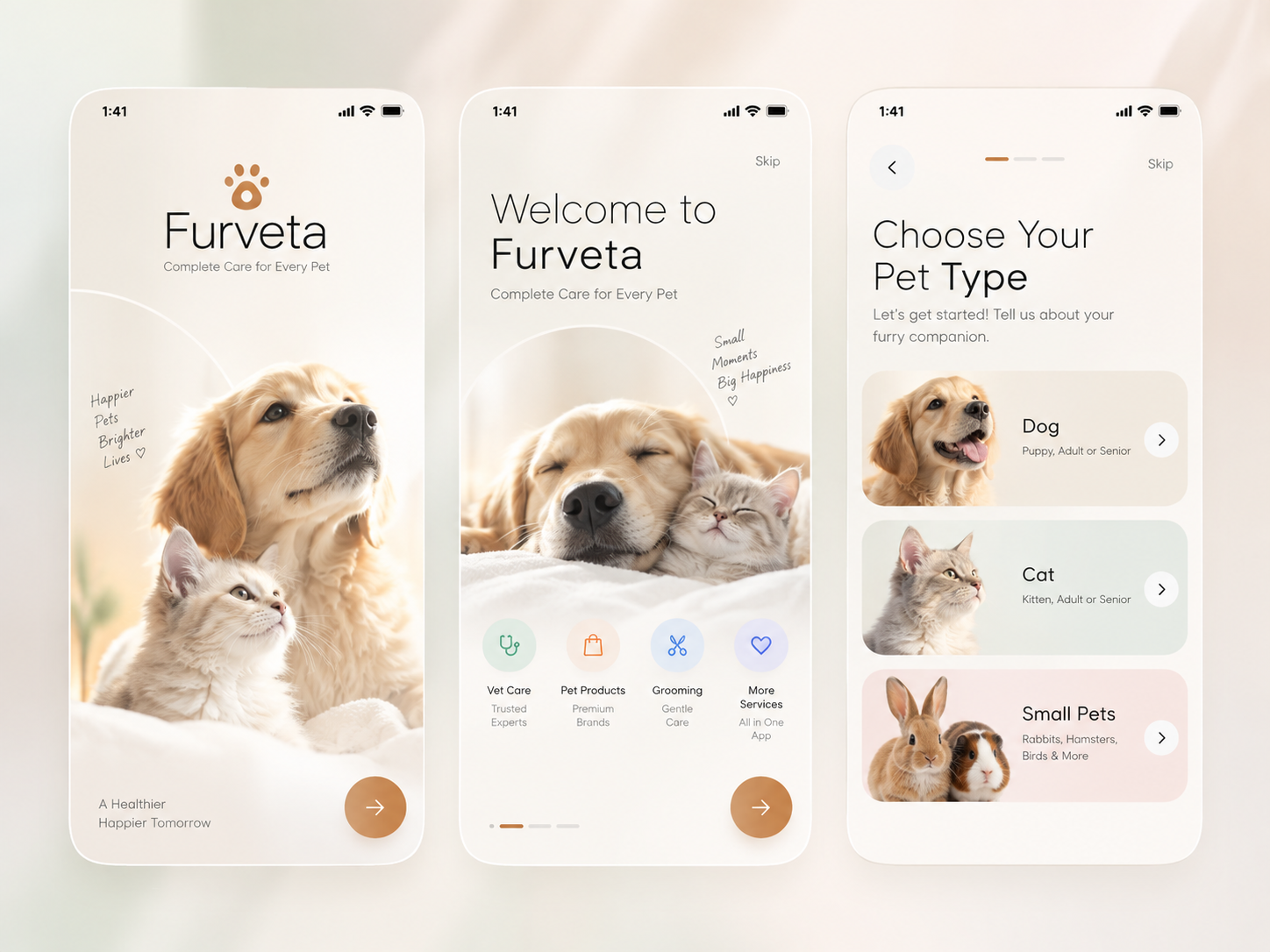 Furveta — Pet Care & Wellness App UI/UX Design appdesign designsystem ecommerce europe figma india minimalism minimalui mobileapp petapp petcare petcareapp petwellness productdesign saas uidesign uiux usa uxdesign veterinary