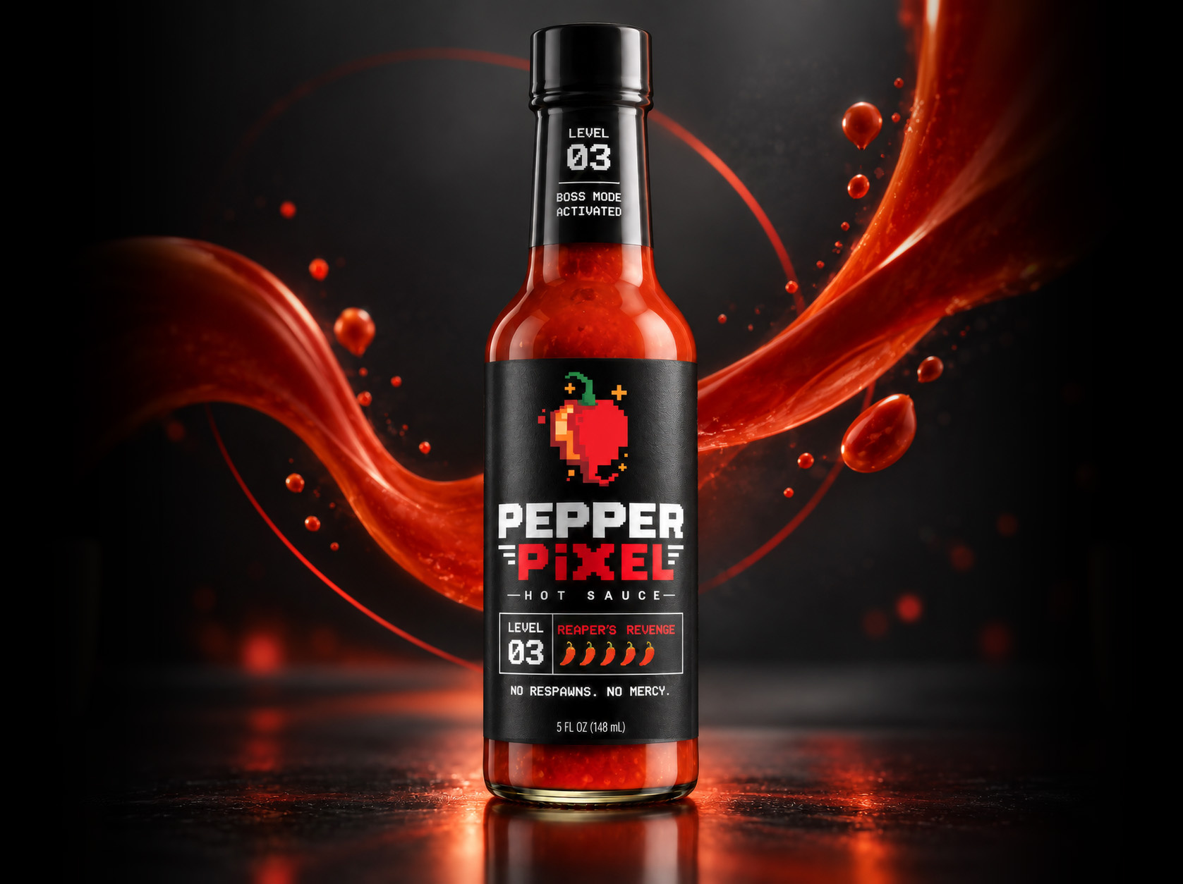 Pepper Pixel Hot Sauce 8 bit bottle branding figma graphic design hot sauce label logo pepper pixel product design retro sauce video game