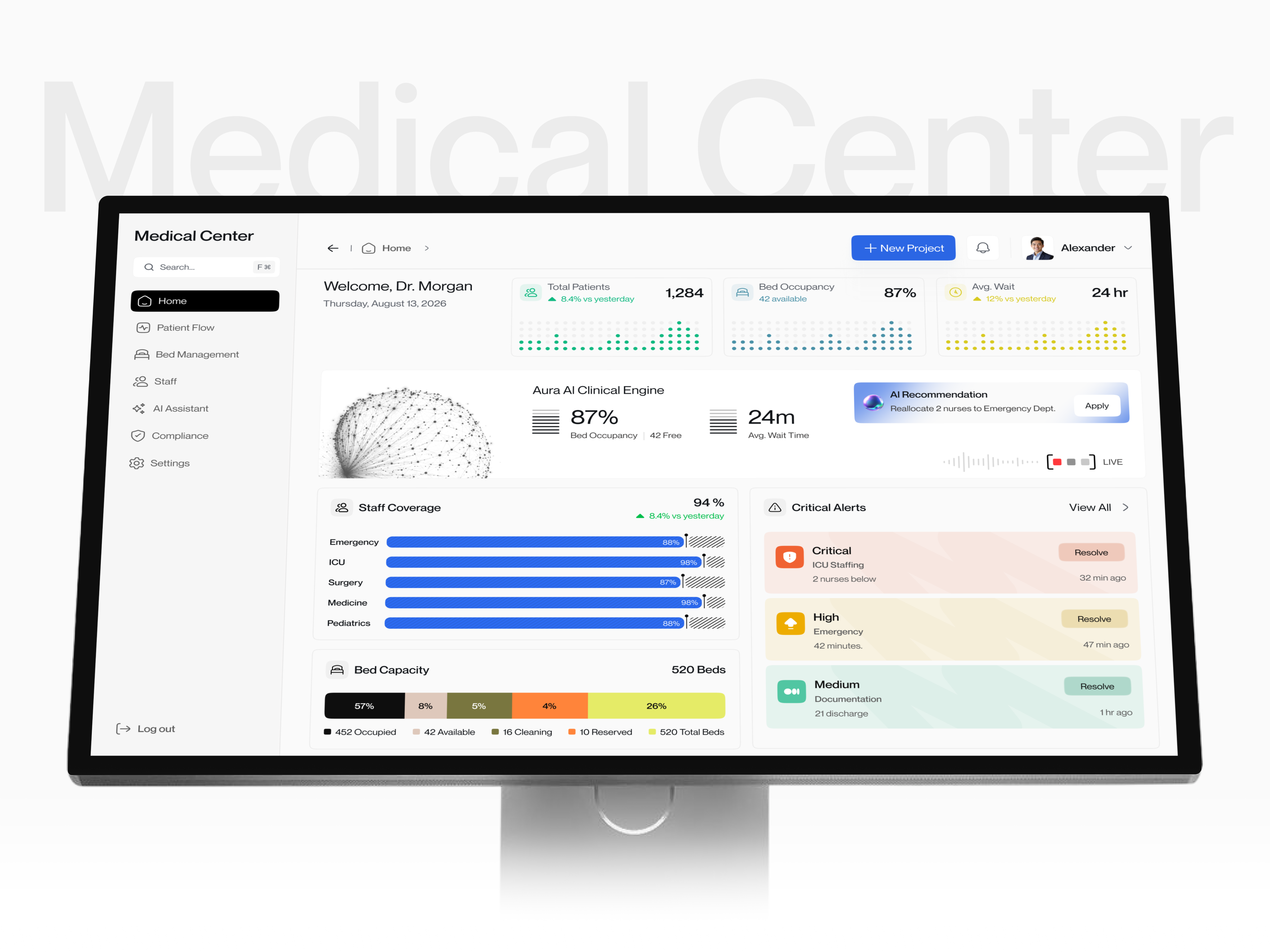 AI Healthcare & Hospital Management Dashboard Design - UI/UX admin dashboard ai clinical engine ai design artificial intelligence bed occupancy analytics clinic management dashboard design datavisualization healthcare dashboard healthtech ui ux high density dashboard hospital management medical dashboard medical ui design patient flow patient management system product design saasdesign staff allocation ui web app ui design
