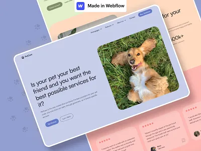 🐶🐱🦮 PetCare Webflow Website Template care cat clean colourful design dog features figma hero landing page minimalistic pastels pets photos playful simple ui uiux ux webflow