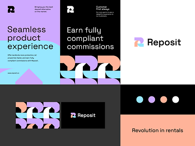 Reposit - Visual identity system ai banking bold branding data finance fintech futuristic growth home house letter logo money negative space r real estate rent technology vibrant