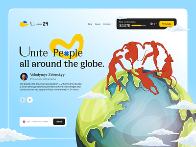U—24 • Hero Section branding design donate earth globe hero illustration landing minimal mobile people platform social ui ukraine ux verify visual web zelenskyy