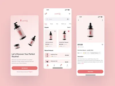cantiQ - Skincare Beauty Product eCommerce App beauty beauty app beauty product daily challange dailyui ecommerce figma mobile app design mobile ui pink product shop shopping skincare ui design ux design